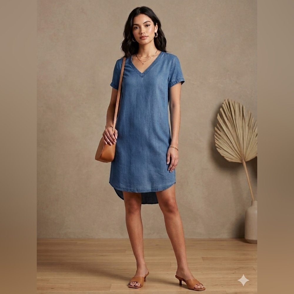 VELVET HEART Shirtdress Blue Chambray Shift V-Neck Soft Tencel Lightweight Sz XS